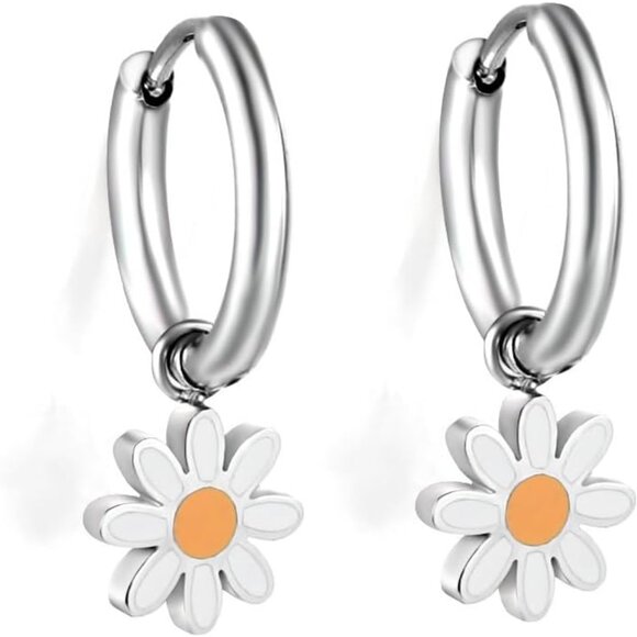 Jewelry - Daisy Small Hoop Flower Charm Earrings for Women - Hypoallergenic Stainless Stee